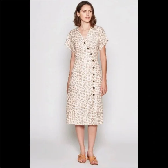 Joie Coady 100% Linen leopard print tan white button midi dress womens XS - Picture 2 of 7